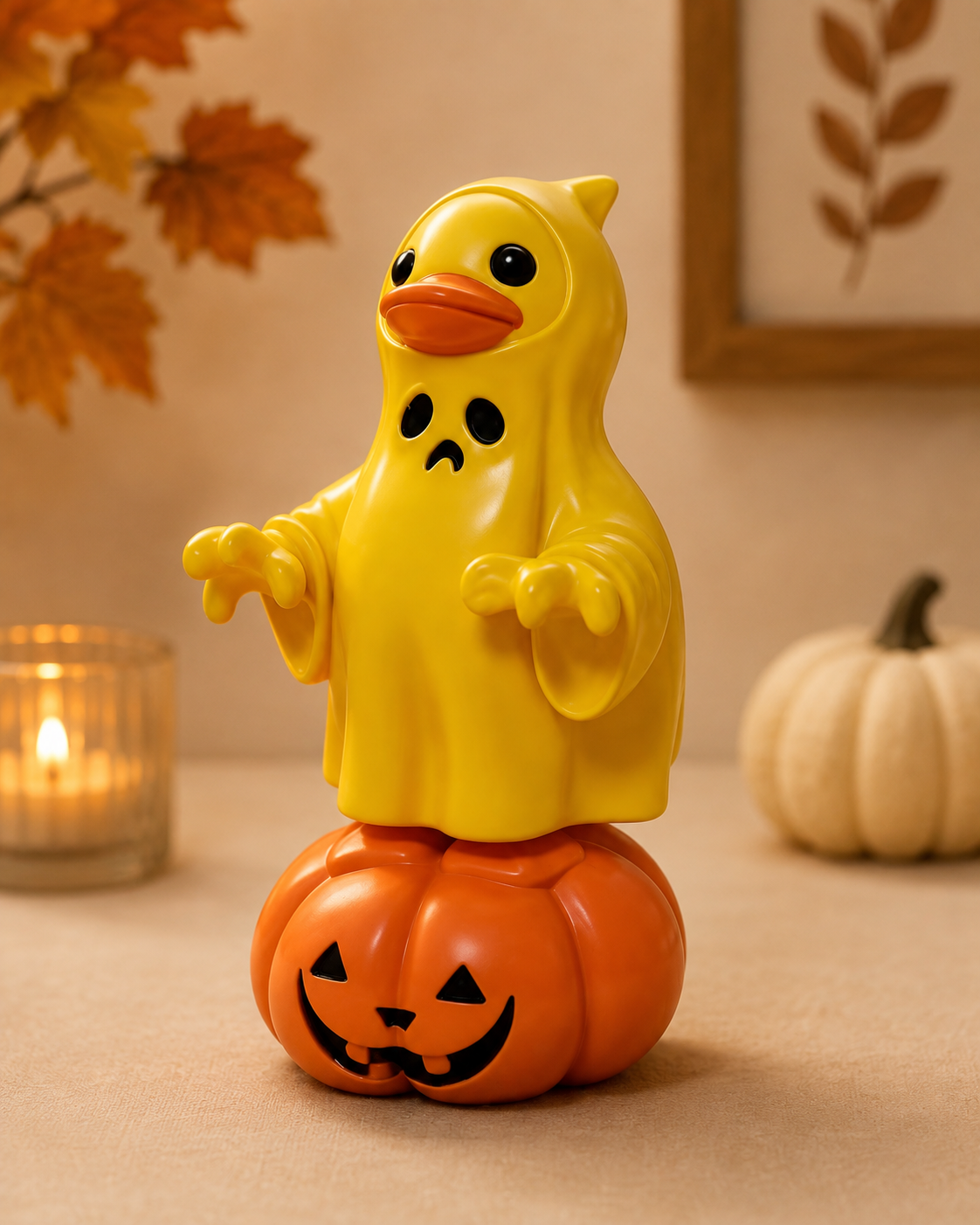 Hand Painted Halloween Ghost Duck on Pumpkin Figurine – Choose White or Yellow – Spooky Rubber Duck Decor – Fall Halloween Duck Collectible