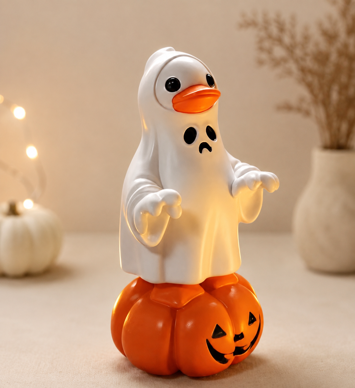 Hand Painted Halloween Ghost Duck on Pumpkin Figurine – Choose White or Yellow – Spooky Rubber Duck Decor – Fall Halloween Duck Collectible
