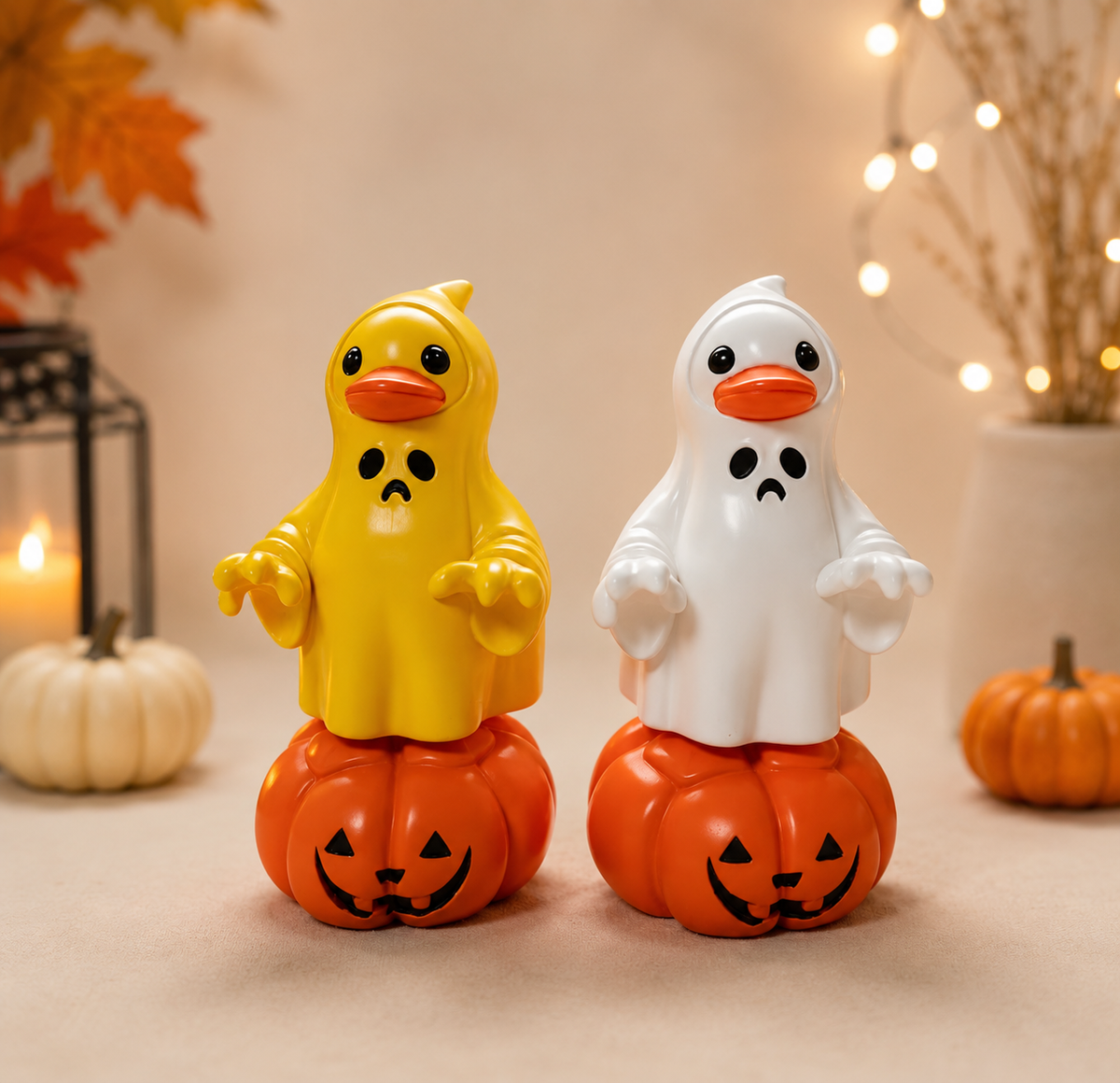 Hand Painted Halloween Ghost Duck on Pumpkin Figurine – Choose White or Yellow – Spooky Rubber Duck Decor – Fall Halloween Duck Collectible