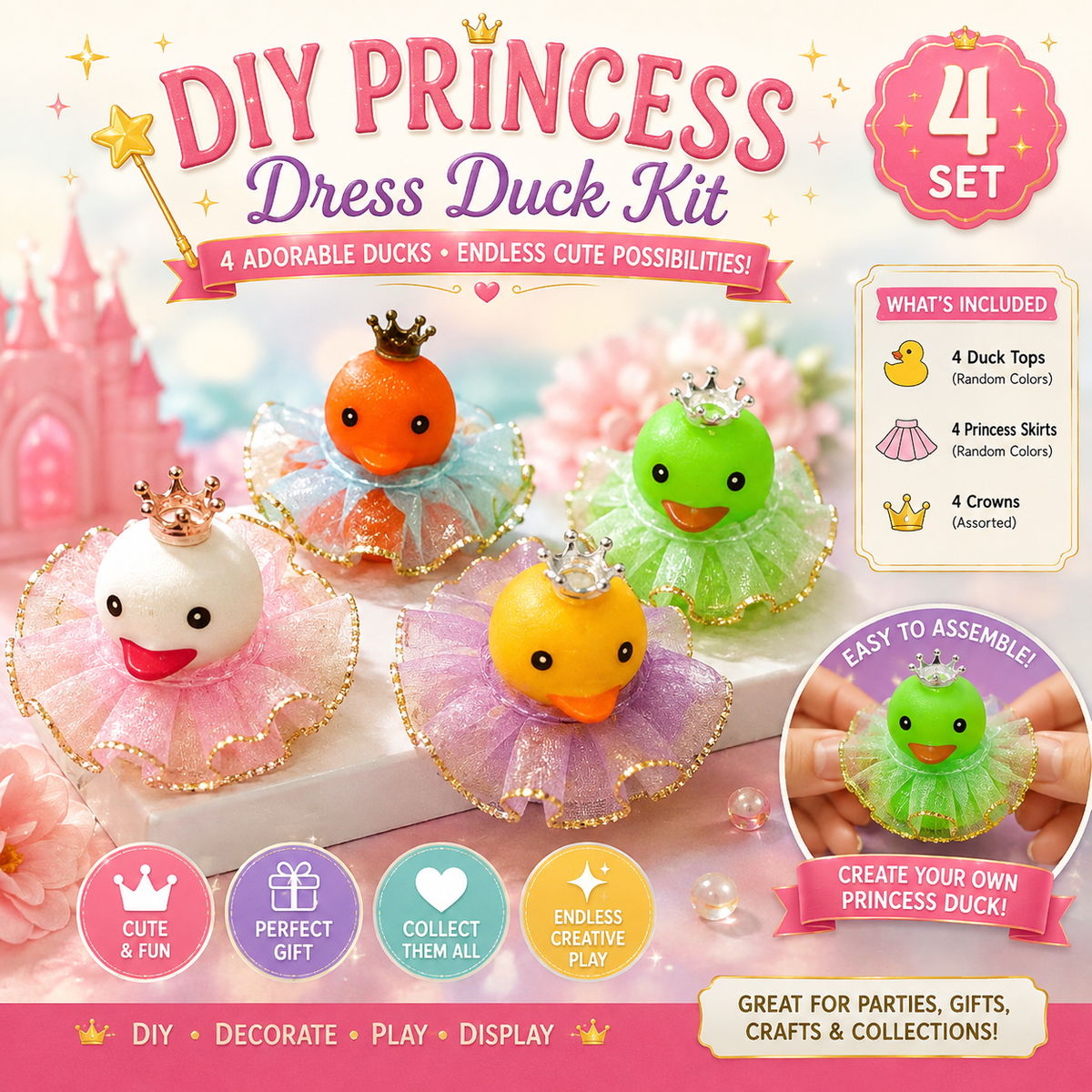 4 Piece DIY Princess Duck Dress Kit – Crown & Tutu Duck Craft Set – Assorted Colors – Cute Duck Gift, Party Favor & Craft Kit