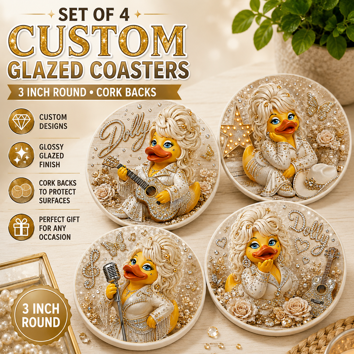 Set of 4 Champagne Gold Country Glam Duck Coasters – Handmade 4 Inch Glazed Coasters with Cork Backs – Western Music Duck Gift