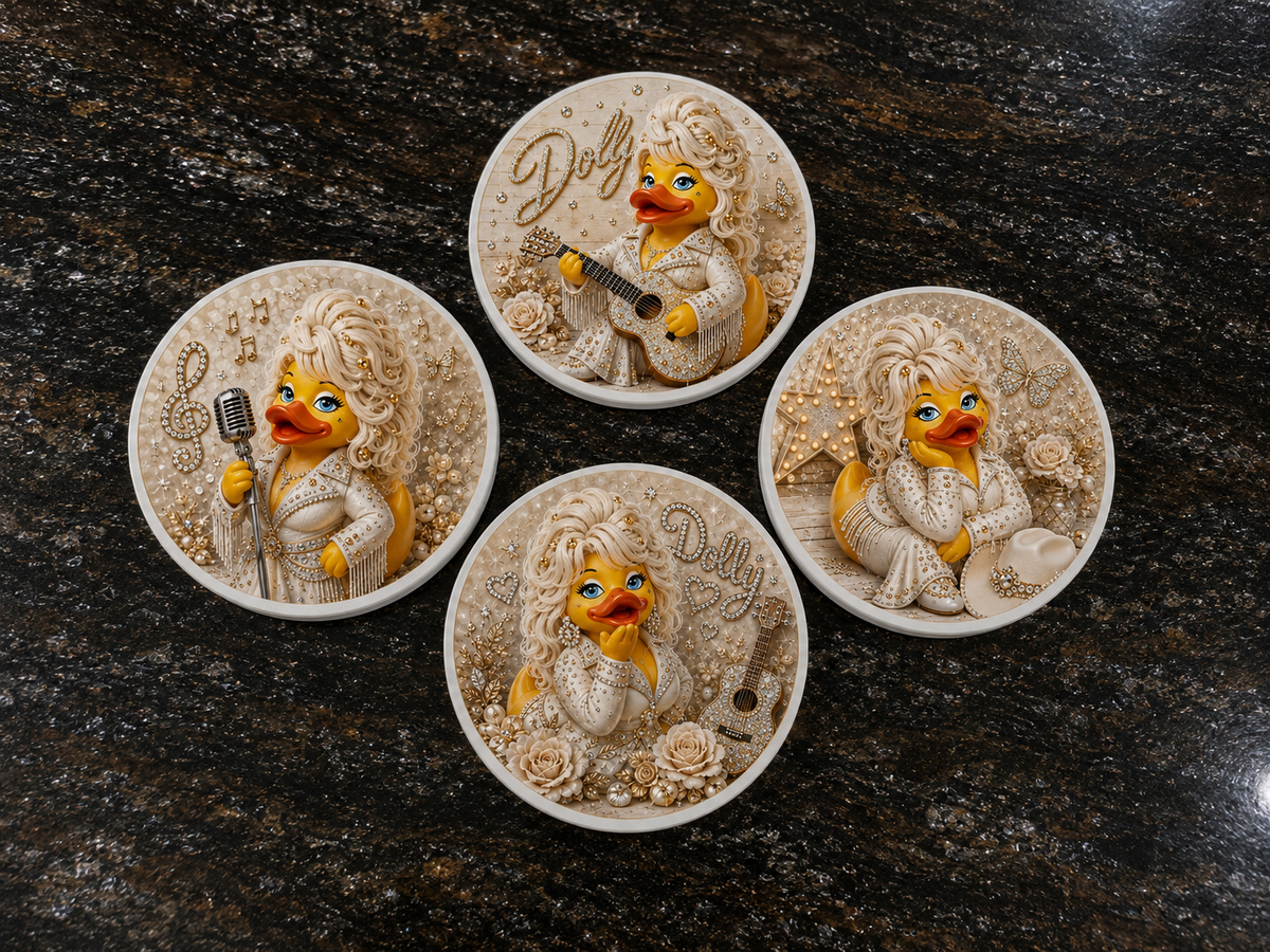 Set of 4 Champagne Gold Country Glam Duck Coasters – Handmade 4 Inch Glazed Coasters with Cork Backs – Western Music Duck Gift
