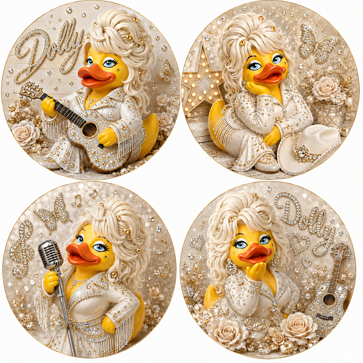 Set of 4 Champagne Gold Country Glam Duck Coasters – Handmade 4 Inch Glazed Coasters with Cork Backs – Western Music Duck Gift
