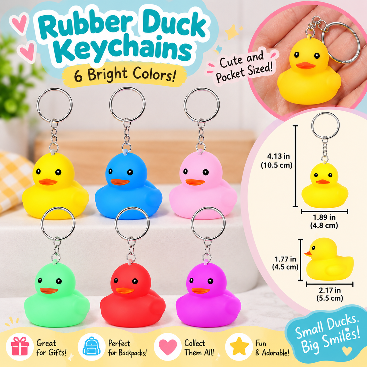 Set of 6 Handmade Rubber Duck Keychains – Colorful Duck Bag Charms – Cute Duck Lover Gift – Backpack, Purse & Key Accessories