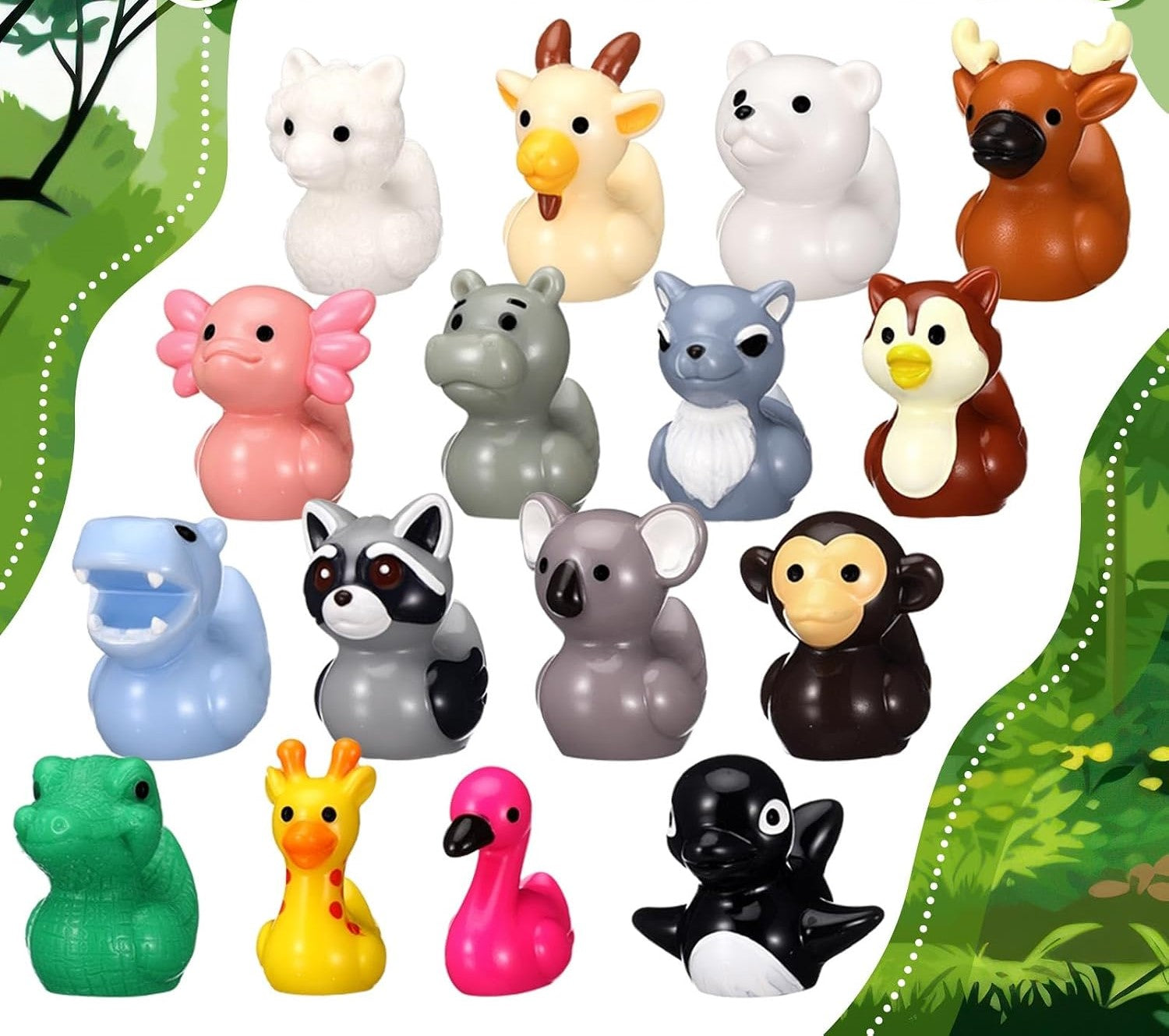 Mini Resin Wild Animal Ducks – Set of 16 Jungle & Woodland Animal Duck Figurines, Tiny Animal Ducks for Cruise Ducking, Fairy Gardens, Crafts, Party Favors