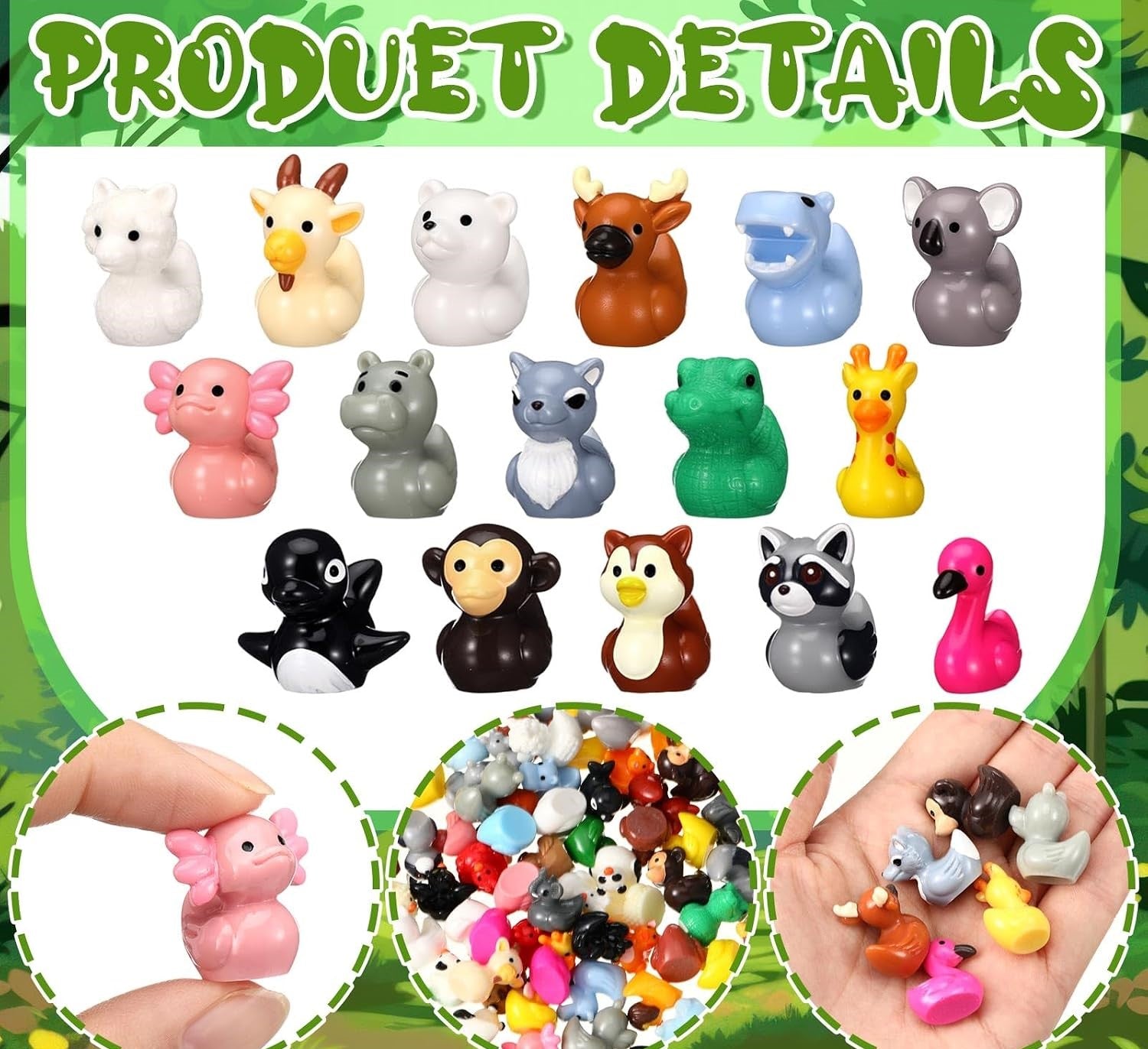 Mini Resin Wild Animal Ducks – Set of 16 Jungle & Woodland Animal Duck Figurines, Tiny Animal Ducks for Cruise Ducking, Fairy Gardens, Crafts, Party Favors