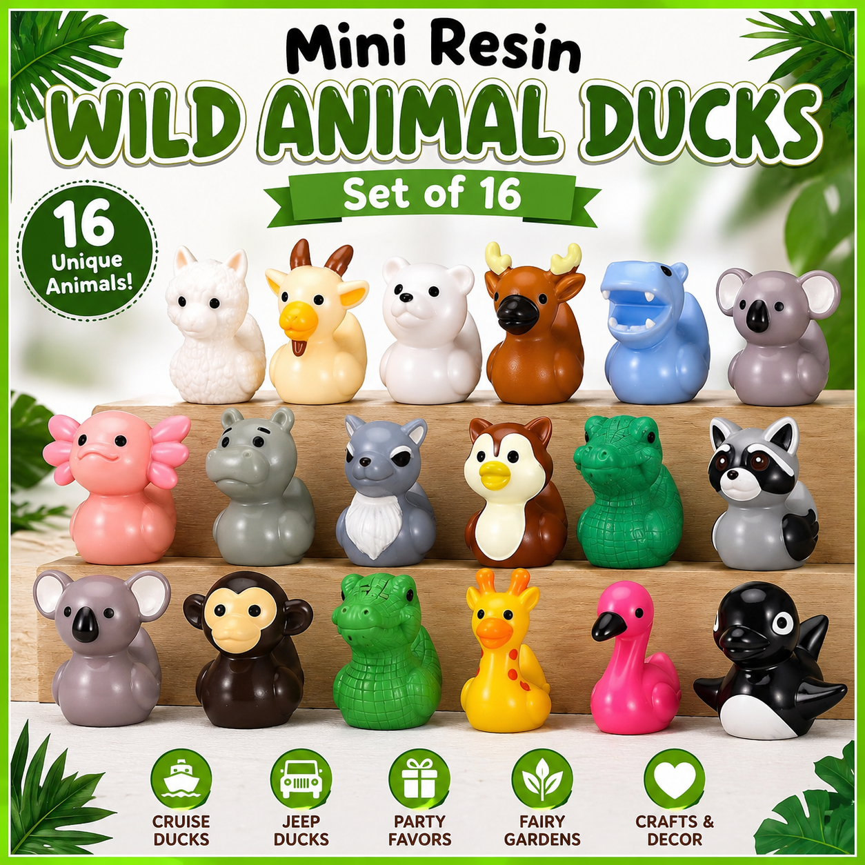 Mini Resin Wild Animal Ducks – Set of 16 Jungle & Woodland Animal Duck Figurines, Tiny Animal Ducks for Cruise Ducking, Fairy Gardens, Crafts, Party Favors