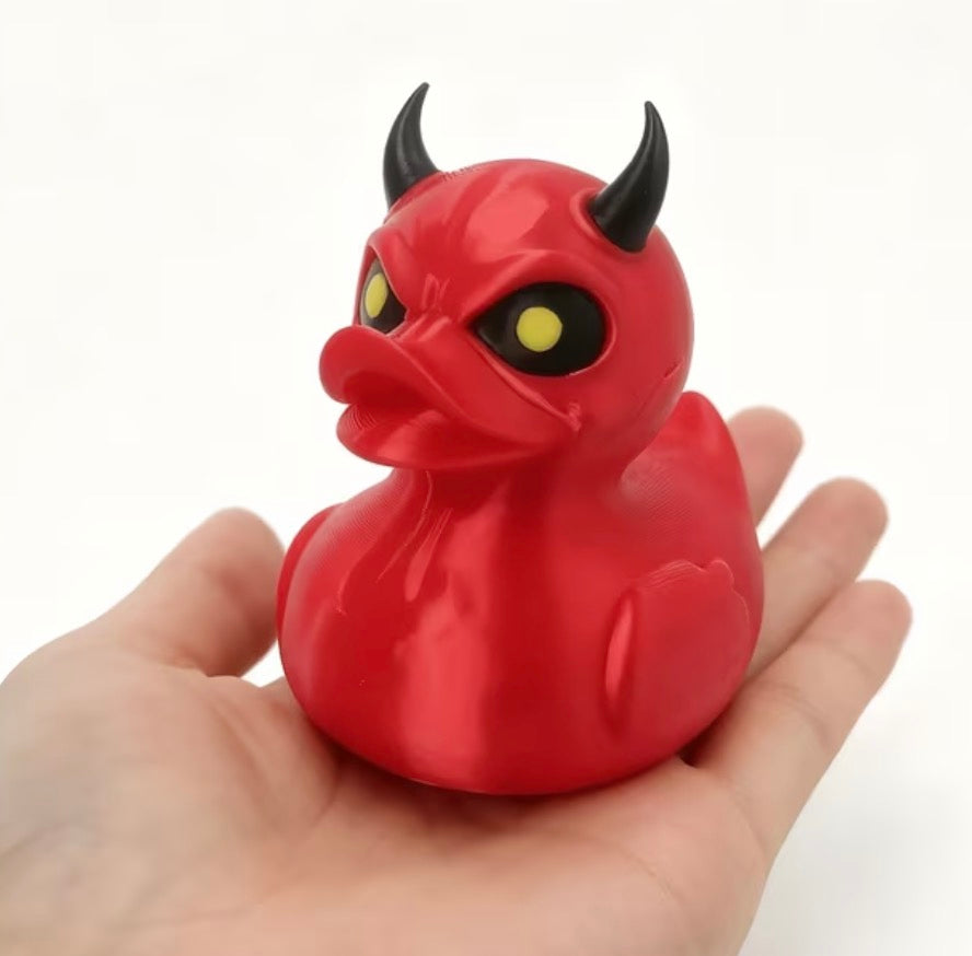 3D Printed Devil Duck – Handmade Red Demon Rubber Duck Style Figurine – Horned Duck Collectible – Halloween Gothic Desk Decor – Duck Gift