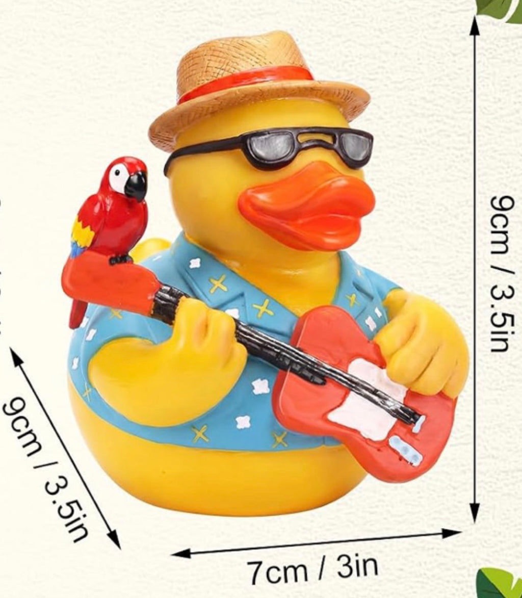 Large Resin Tropical Guitar Duck With Parrot – Customizable Hawaiian Shirt & Hat – Beach Music Duck Decor – 3.5 Inch Duck Collectible