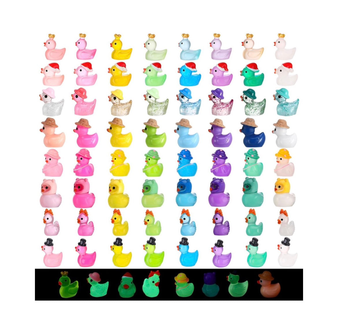 Set of 64, Glow-in-the-Dark Colorful Mix Themed Mini Resin Ducks, Magnetic or Non-Magnetic, Optional Personalized Duck Hiding Tags