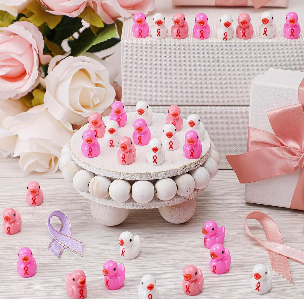 Mini Resin Breast Cancer Awareness Ducks – Set of 6 Tiny Pink Ribbon Duck Figurines, Miniature Resin Ducks, Breast Cancer Party Favors, Survivor Gifts, Fundraiser Decorations, Fairy Garden & DIY Crafts