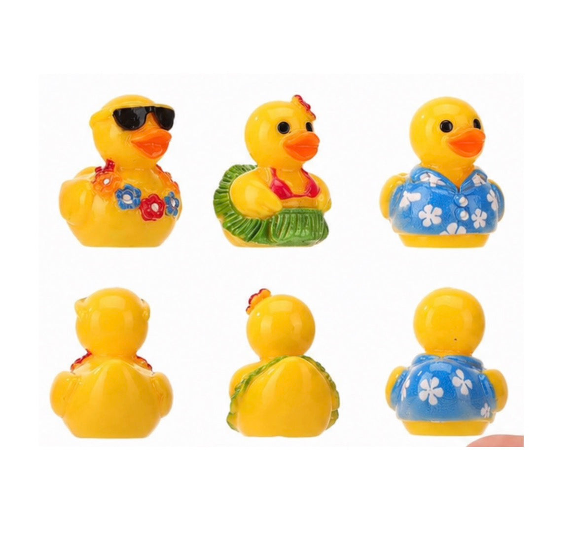 Set of 6, Hawaiian Shirt and Grass Skirt Themed Mini Resin Ducks, Magnetic or Non-Magnetic, Optional Personalized Duck Hiding Tags