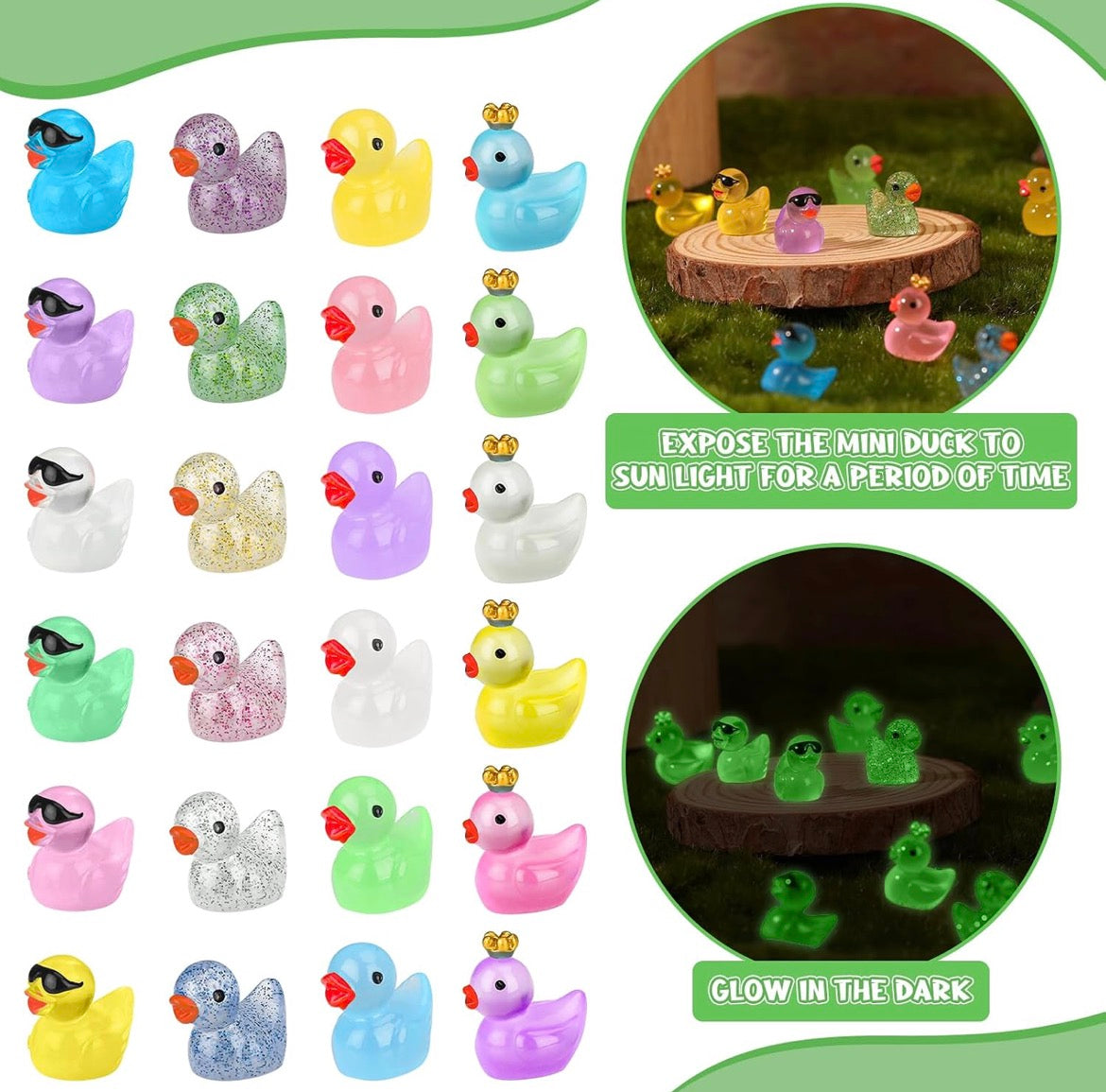 Set of 24, Glow-in-the-Dark Classic Mix Themed Mini Resin Ducks, Magnetic or Non-Magnetic, Optional Personalized Duck Hiding Tags