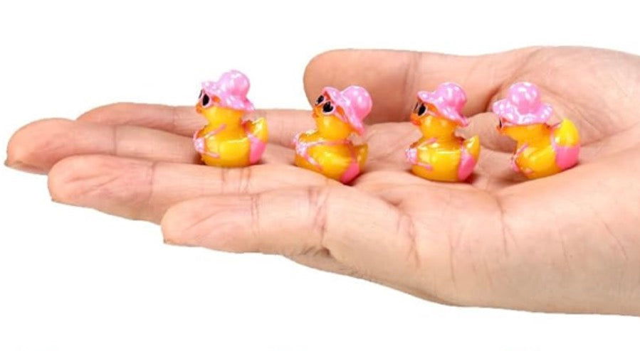 A0-Set of 5, Pink Polka Dot Swimsuit Themed Mini Resin Ducks, Magnetic or Non-Magnetic, Optional Personalized Duck Hiding Tags