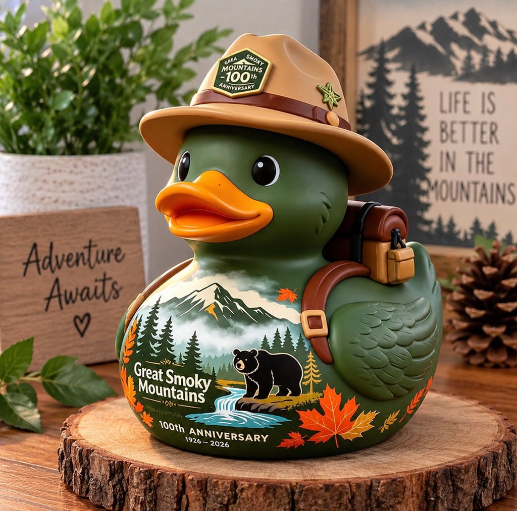 Hand Painted Smoky Mountains Themed Resin Duck – 3 Inch Mountain Bear Ranger Duck – Great Smoky Mountains Inspired Collectible Décor