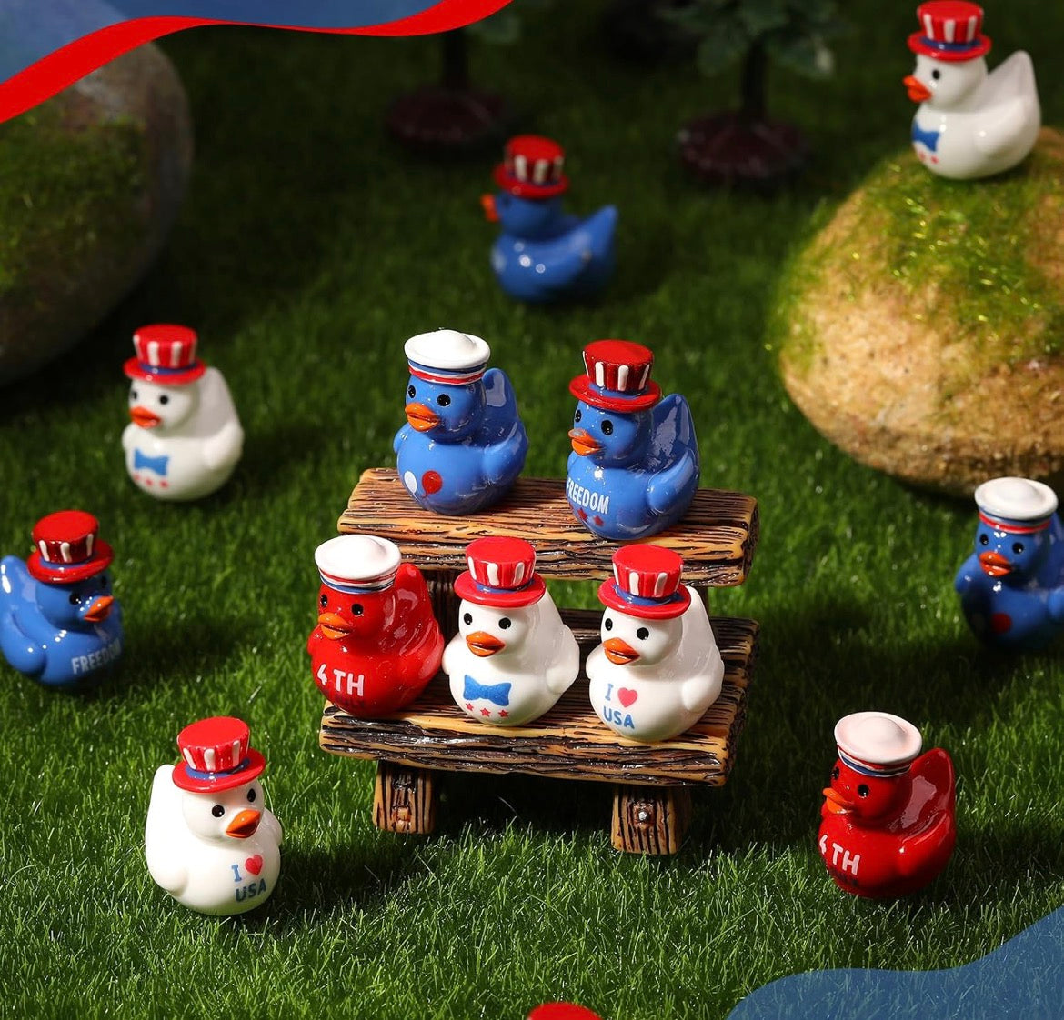 Customize with or Without Magnets – 5 Piece Patriotic Mini Resin Ducks Set, USA Independence Day Ducks, Fourth of July Mini Ducks, Freedom Duck Figurines, Cruise Ducks, Tiered Tray Decor, Party Favors