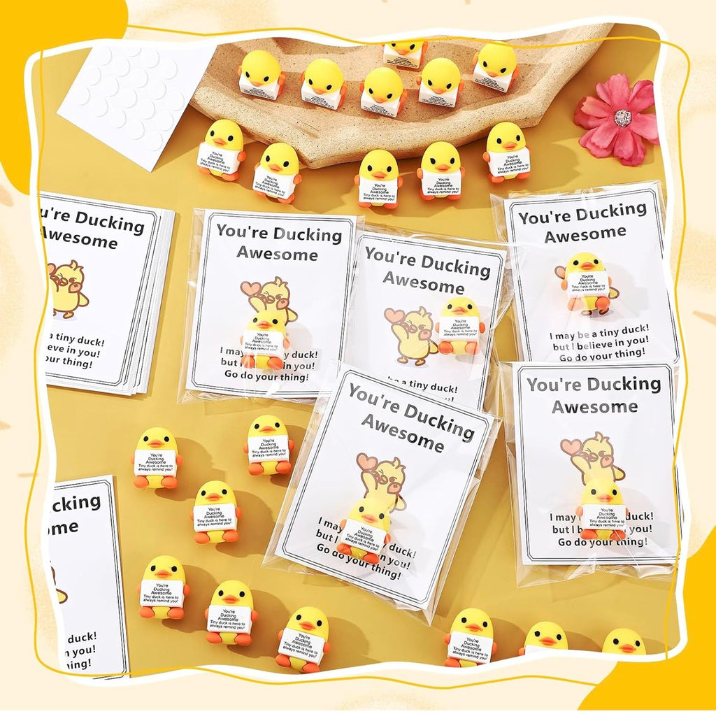 5 Piece Mini Positive Duck Figurines with Inspirational Cards – Emotional Support Duck Gifts – Tiny Duck Party Favors for Coworkers, Teachers, Friends & Students