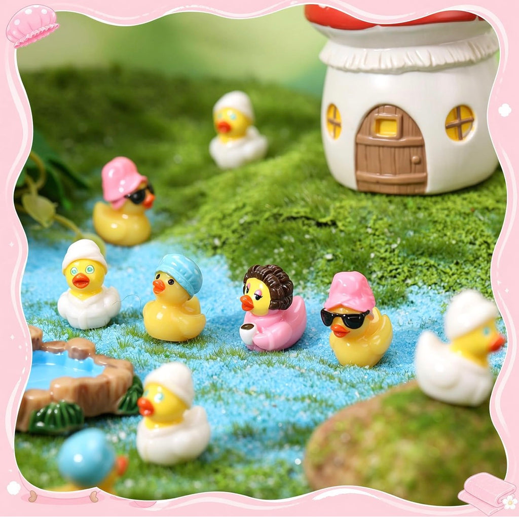 8 Piece Leisure Time Mini Resin Ducks – Spa & Self Care Duck Figurines – Cruise Duck & Jeep Duck Hiding Set – Fairy Garden Décor – Optional Magnets