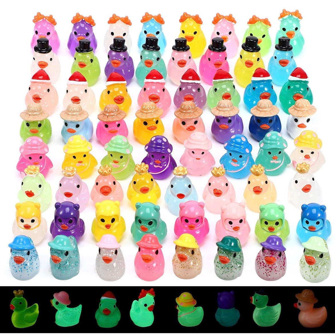 Set of 64, Glow-in-the-Dark Colorful Mix Themed Mini Resin Ducks, Magnetic or Non-Magnetic, Optional Personalized Duck Hiding Tags