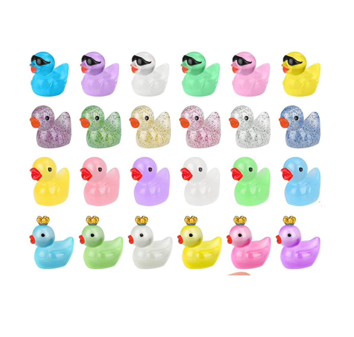 Set of 24, Glow-in-the-Dark Classic Mix Themed Mini Resin Ducks, Magnetic or Non-Magnetic, Optional Personalized Duck Hiding Tags