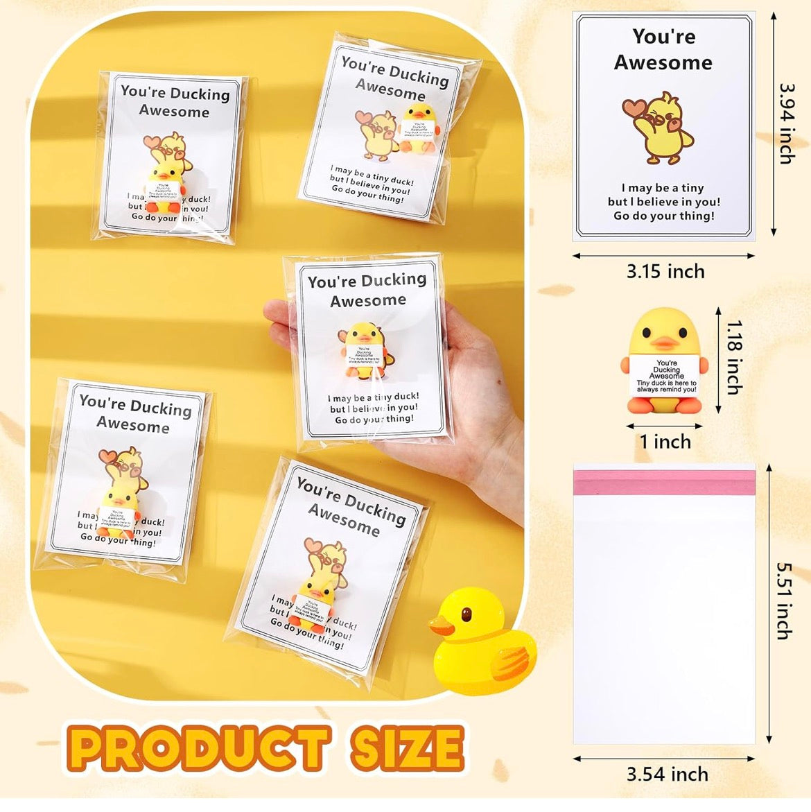5 Piece Mini Positive Duck Figurines with Inspirational Cards – Emotional Support Duck Gifts – Tiny Duck Party Favors for Coworkers, Teachers, Friends & Students
