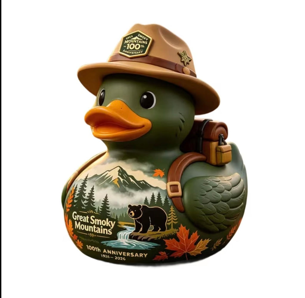 Hand Painted Smoky Mountains Themed Resin Duck – 3 Inch Mountain Bear Ranger Duck – Great Smoky Mountains Inspired Collectible Décor