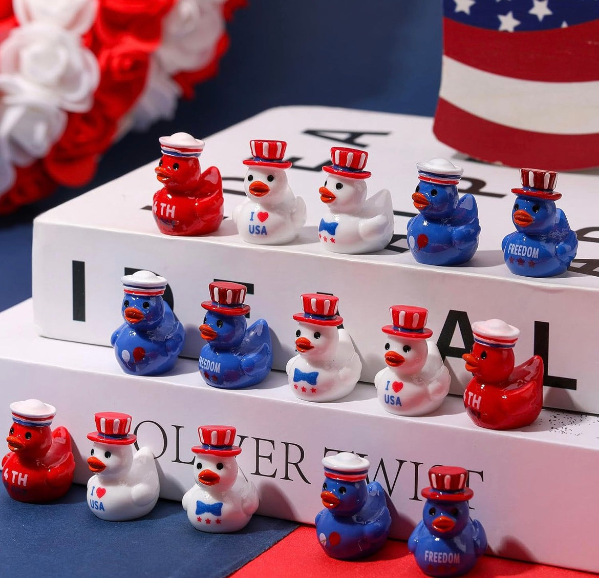 Customize with or Without Magnets – 5 Piece Patriotic Mini Resin Ducks Set, USA Independence Day Ducks, Fourth of July Mini Ducks, Freedom Duck Figurines, Cruise Ducks, Tiered Tray Decor, Party Favors