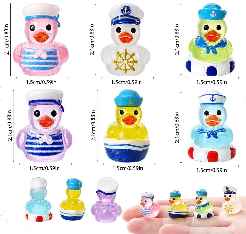 Set of 6, Glow-in-the-Dark Colorful Sailors Themed Mini Resin Ducks, Magnetic or Non-Magnetic, Optional Personalized Duck Hiding Tags