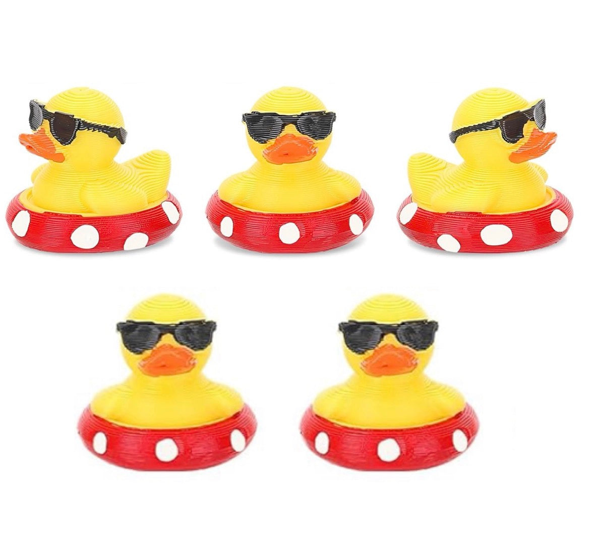 Set of 5, Ducky in a Floaty Themed Mini 3D Printed Ducks, Magnetic or Non-Magnetic, Optional Personalized Duck Hiding Tags