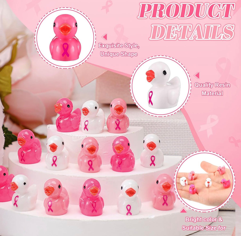 Mini Resin Breast Cancer Awareness Ducks – Set of 6 Tiny Pink Ribbon Duck Figurines, Miniature Resin Ducks, Breast Cancer Party Favors, Survivor Gifts, Fundraiser Decorations, Fairy Garden & DIY Crafts