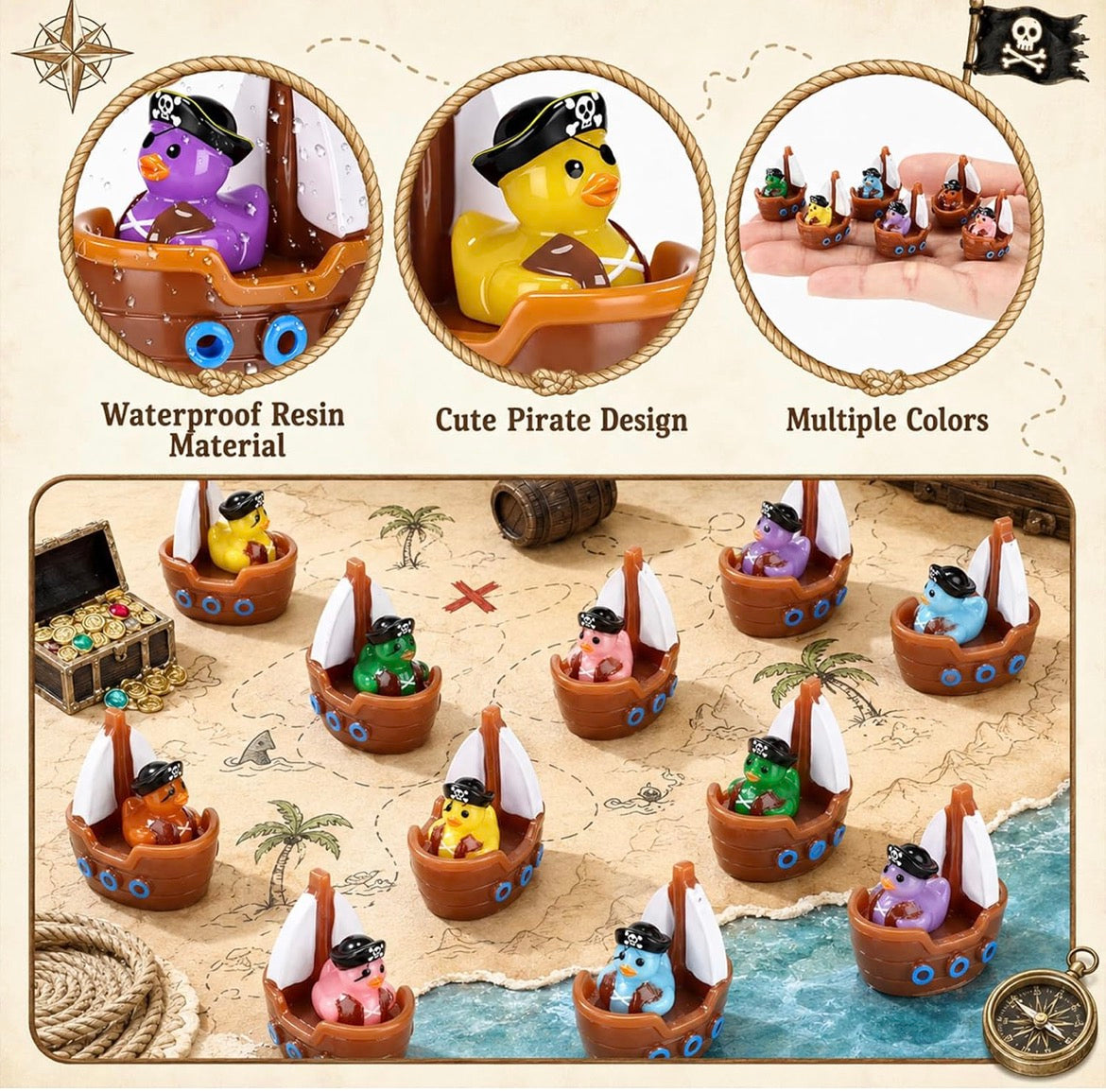 6 Piece Mini Resin Pirate Duck Boats – Cruise Duck & Jeep Duck Hiding Set – Tiny Pirate Boat Duck Figurines – Party Favors – Optional Magnets