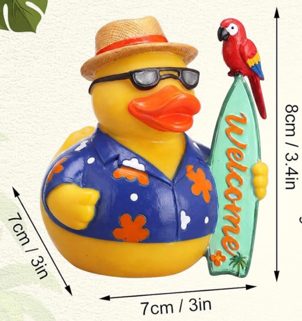Large Resin Tropical Duck With Parrot & Welcome Surfboard – Customizable Hawaiian Shirt & Hat – Beach Vacation Duck Decor – 3.4 Inch