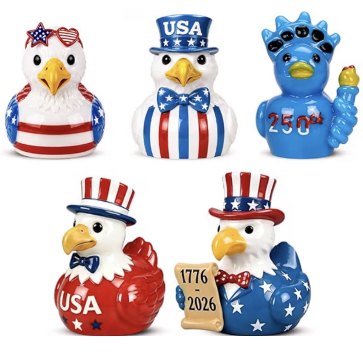 Set of 5, Festive Patriotic Themed Mini Resin Ducks, Magnetic or Non-Magnetic, Optional Personalized Duck Hiding Tags