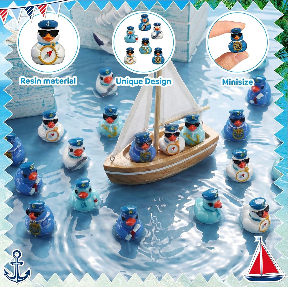 Customize with or Without Magnets – 6 Piece Mini Resin Nautical Sailor Ducks Set, Cruise Duck Figurines, Captain & Sailor Ducks, Beach Theme Party Favors, Fairy Garden Miniatures