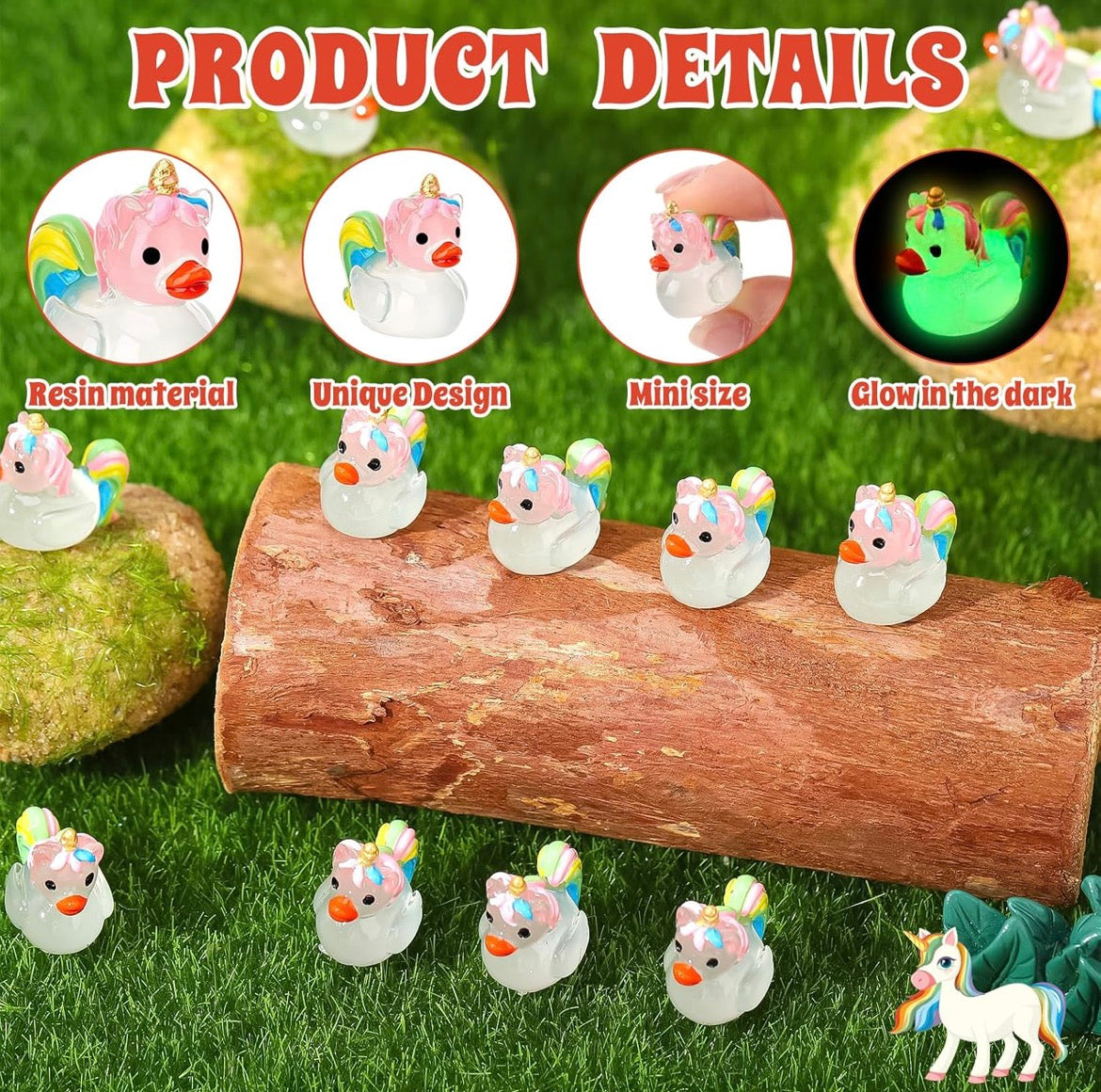 Customize with or Without Magnets – 5 Piece Glow in the Dark Mini Resin Unicorn Ducks Set, Luminous Unicorn Duck Figurines, Fairy Garden Miniatures, Cruise Ducks, Party Favors, Collectible Gifts