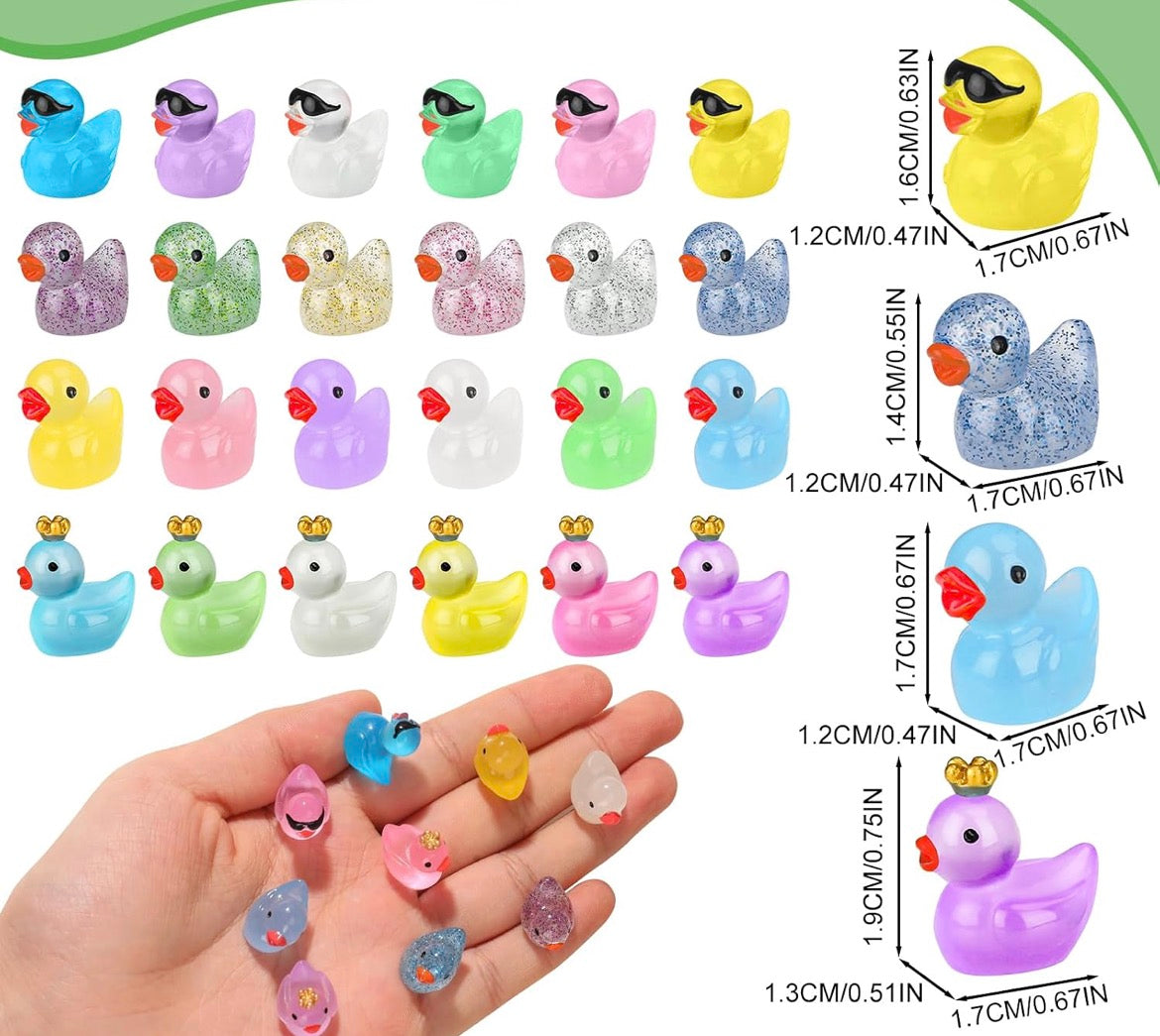 Set of 24, Glow-in-the-Dark Classic Mix Themed Mini Resin Ducks, Magnetic or Non-Magnetic, Optional Personalized Duck Hiding Tags