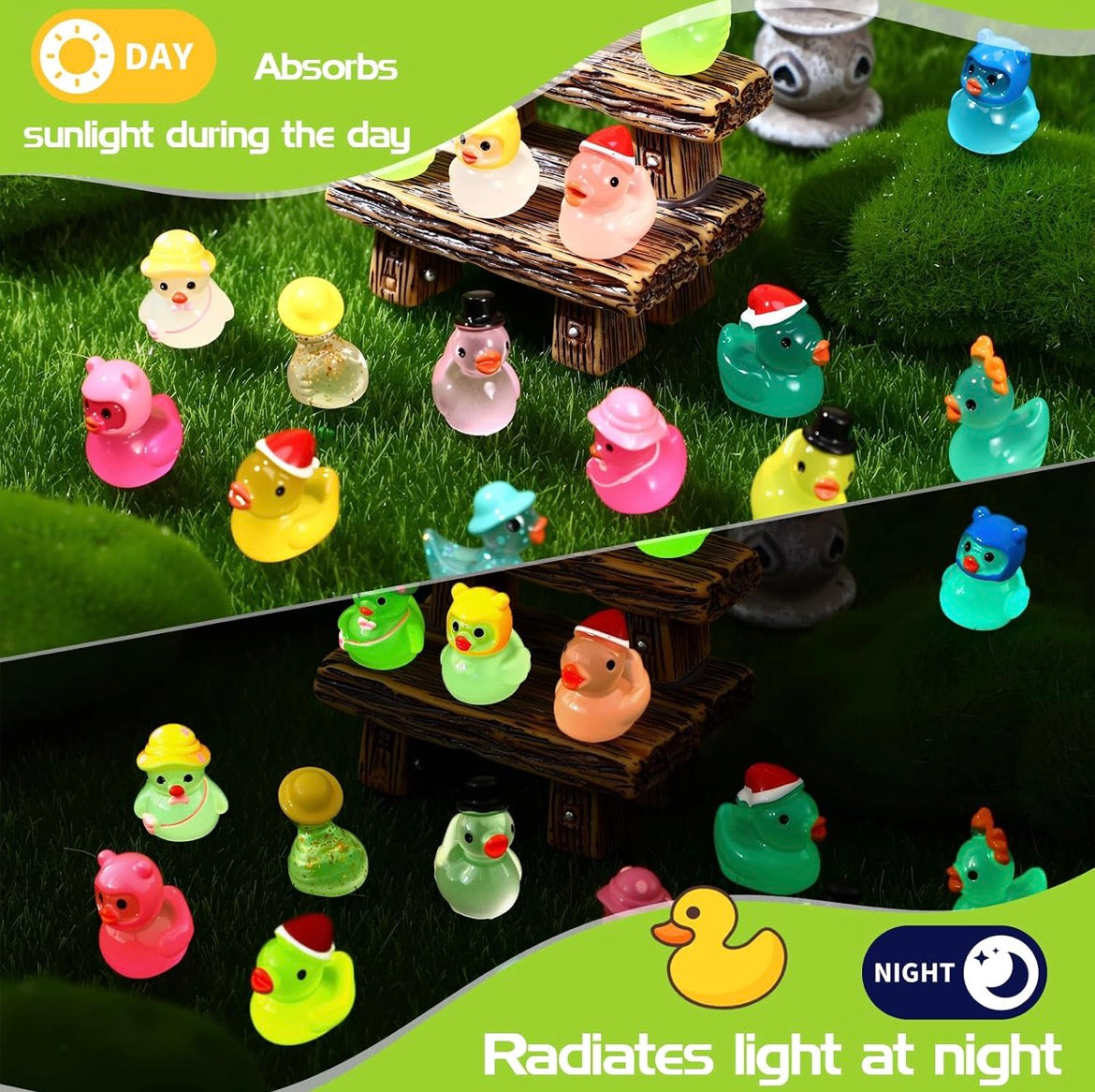 Set of 64, Glow-in-the-Dark Colorful Mix Themed Mini Resin Ducks, Magnetic or Non-Magnetic, Optional Personalized Duck Hiding Tags