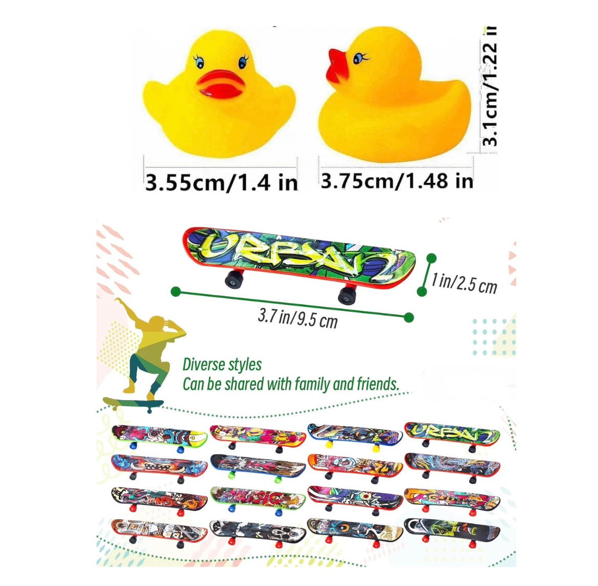 Set of 2 Mini Duck Skateboards, Handmade Rolling Rubber Duck Skateboard, Duck Collectible, Miniature Duck Gift, Random Design