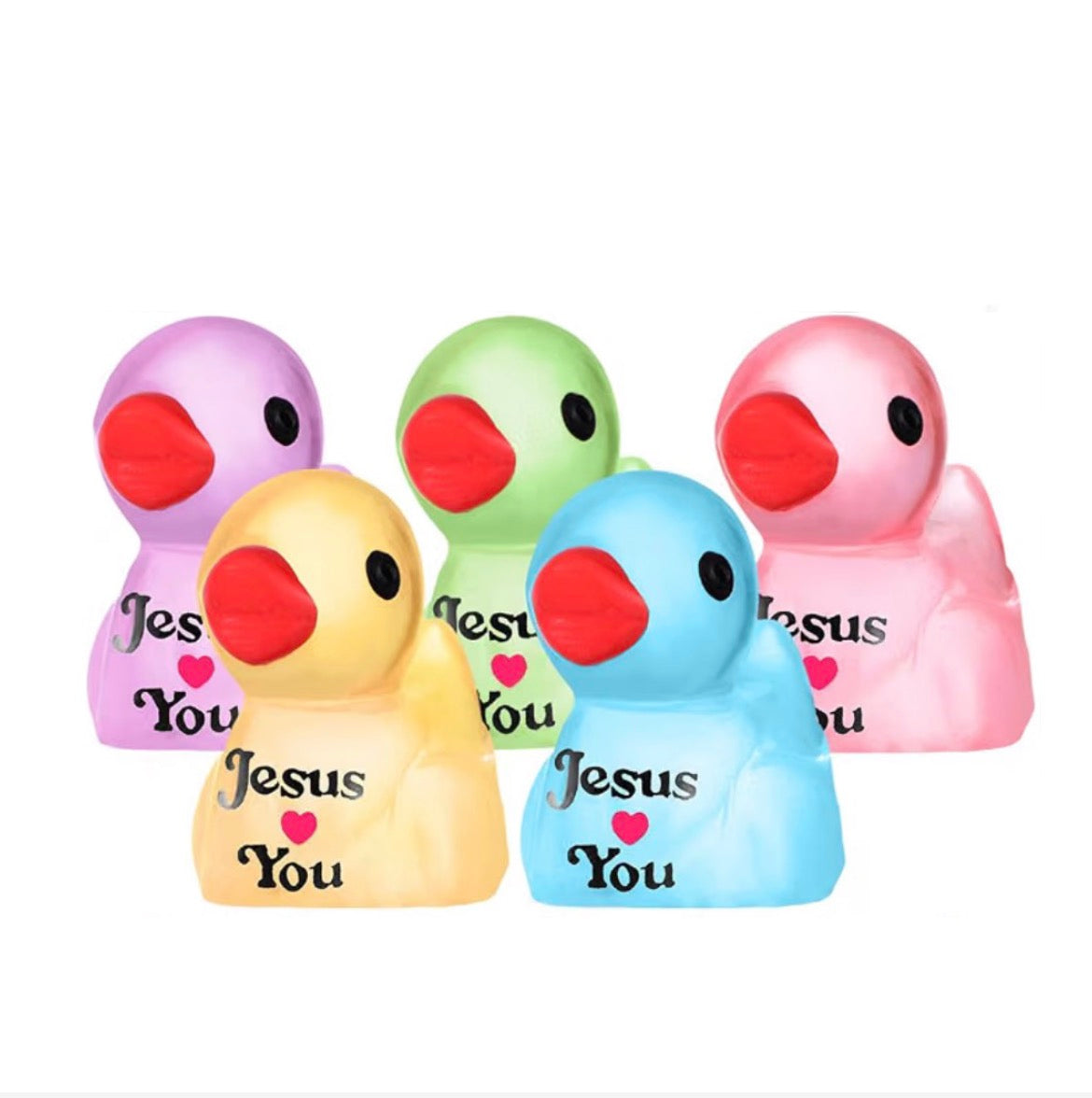 Set of 5, Glow-in-the-Dark Jesus Loves You Themed Mini Resin Ducks, Magnetic or Non-Magnetic, Optional Personalized Duck Hiding Tags