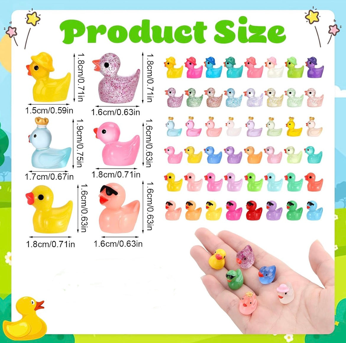 Set of 48, Colorful Mix Traditional Themed Mini Resin Ducks, Magnetic or Non-Magnetic, Optional Personalized Duck Hiding Tags