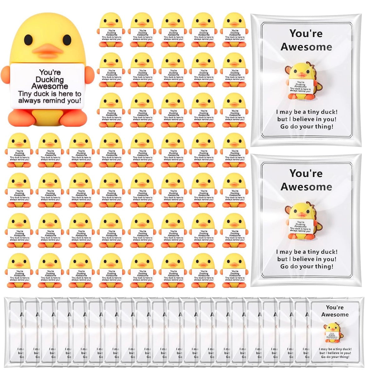 5 Piece Mini Positive Duck Figurines with Inspirational Cards – Emotional Support Duck Gifts – Tiny Duck Party Favors for Coworkers, Teachers, Friends & Students