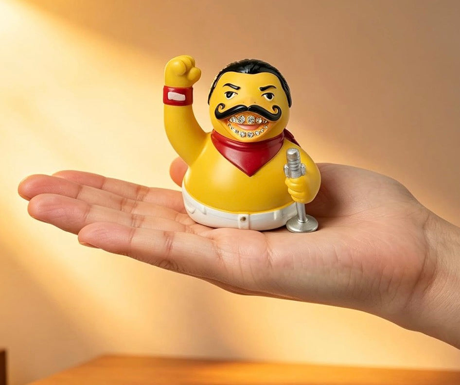 Large Resin Farrokh Bulsara Duck Figurine – Rhinestone Teeth Collectible Statue – Hand-Painted Resin Duck – Music Inspired Decor – 3.15 Inch Gift