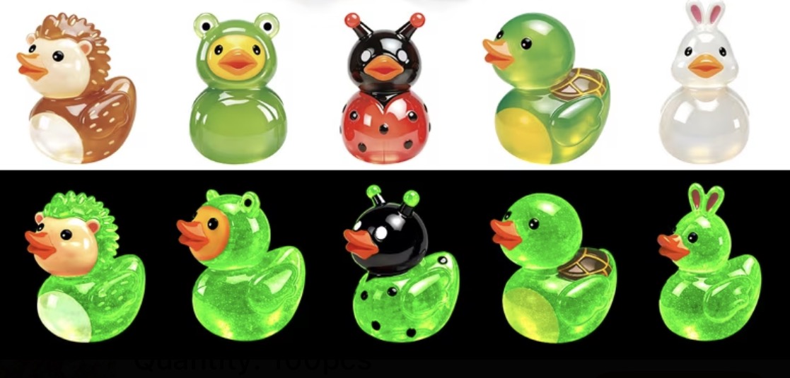 Set of 5, Glow-in-the-Dark Summer Animals Themed Mini Resin Ducks, Magnetic or Non-Magnetic, Optional Personalized Duck Hiding Tags