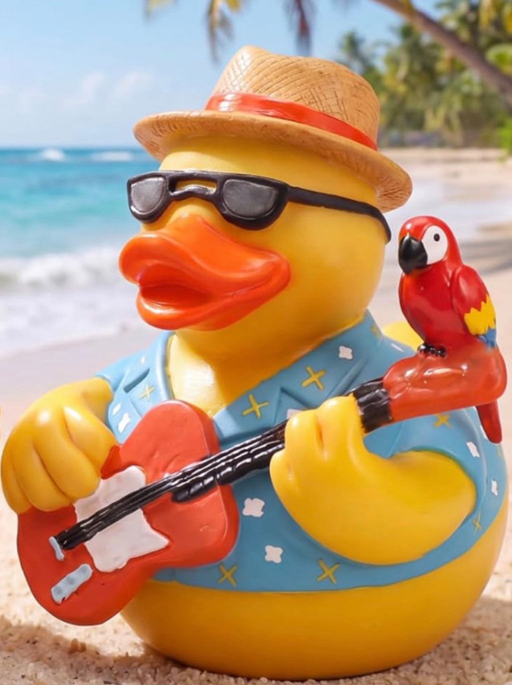 Large Resin Tropical Guitar Duck With Parrot – Customizable Hawaiian Shirt & Hat – Beach Music Duck Decor – 3.5 Inch Duck Collectible