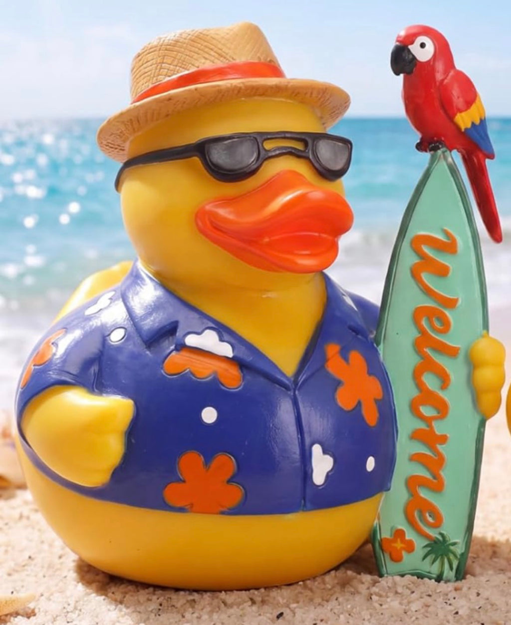 Large Resin Tropical Duck With Parrot & Welcome Surfboard – Customizable Hawaiian Shirt & Hat – Beach Vacation Duck Decor – 3.4 Inch