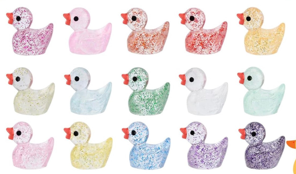 Set of 20, Glitter (random colors) Themed Mini Resin Ducks, Magnetic or Non-Magnetic, Optional Personalized Duck Hiding Tags