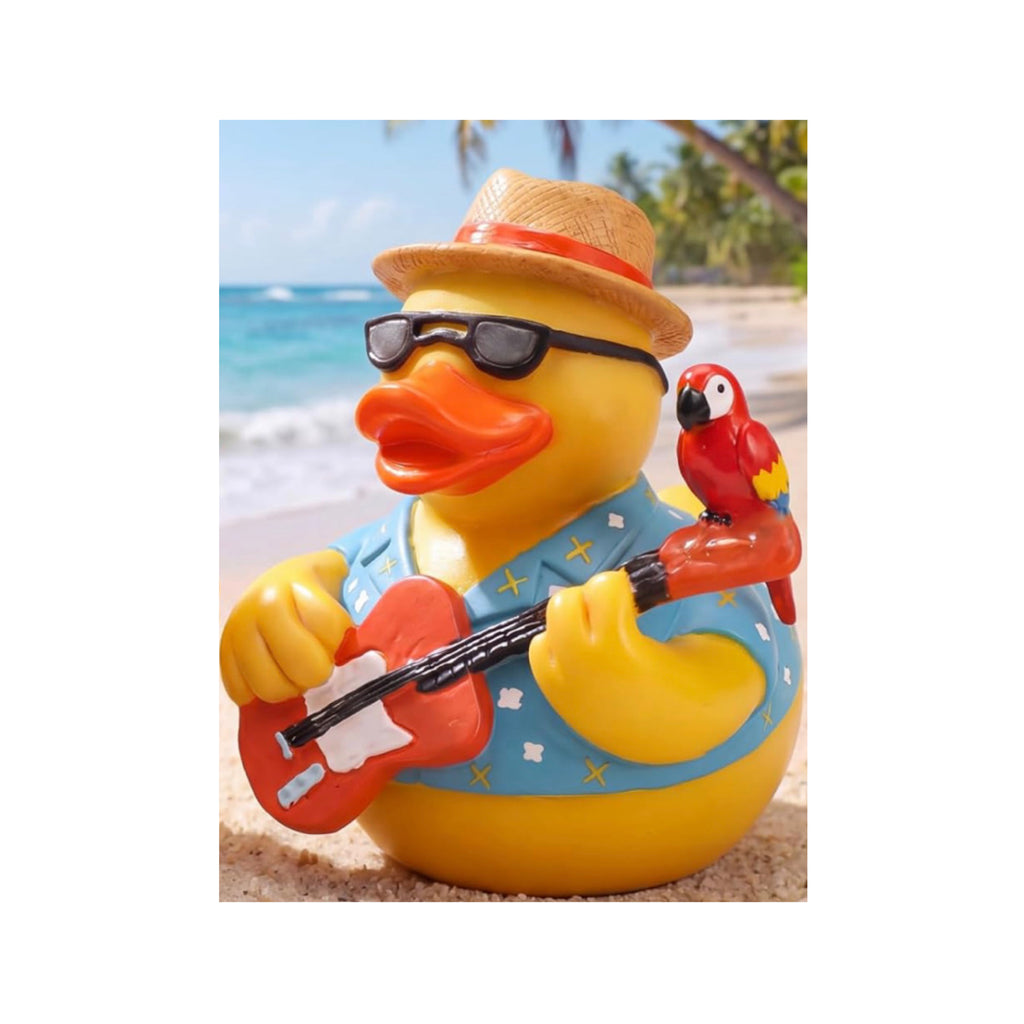 Large Resin Tropical Guitar Duck With Parrot – Customizable Hawaiian Shirt & Hat – Beach Music Duck Decor – 3.5 Inch Duck Collectible