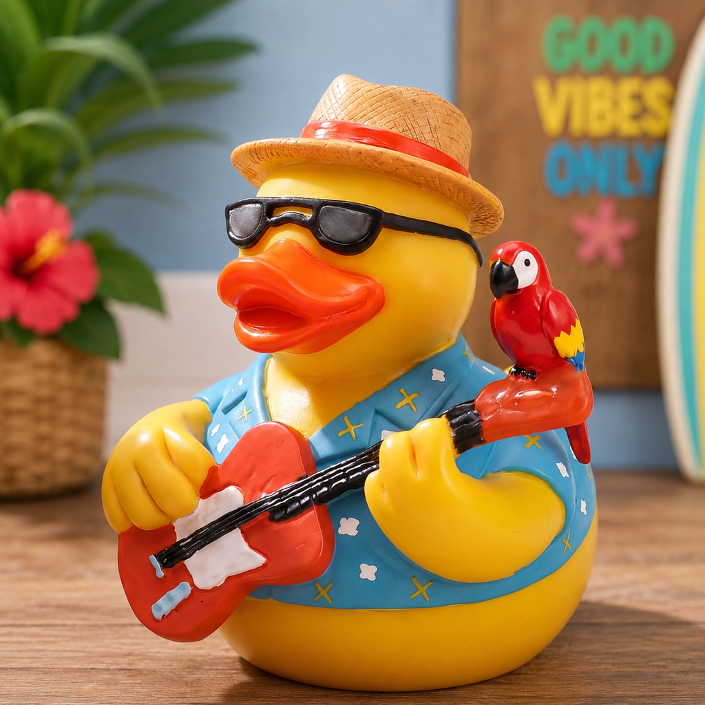 Large Resin Tropical Guitar Duck With Parrot – Customizable Hawaiian Shirt & Hat – Beach Music Duck Decor – 3.5 Inch Duck Collectible