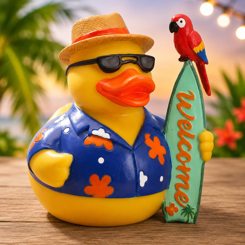 Large Resin Tropical Duck With Parrot & Welcome Surfboard – Customizable Hawaiian Shirt & Hat – Beach Vacation Duck Decor – 3.4 Inch