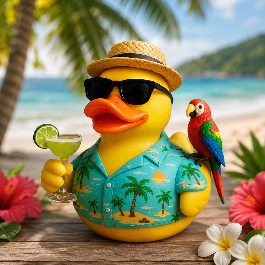 Large Resin Tropical Cocktail Duck With Parrot – Customizable Hawaiian Shirt & Hat – Beach Vacation Duck Decor – 3.5 Inch Collectible